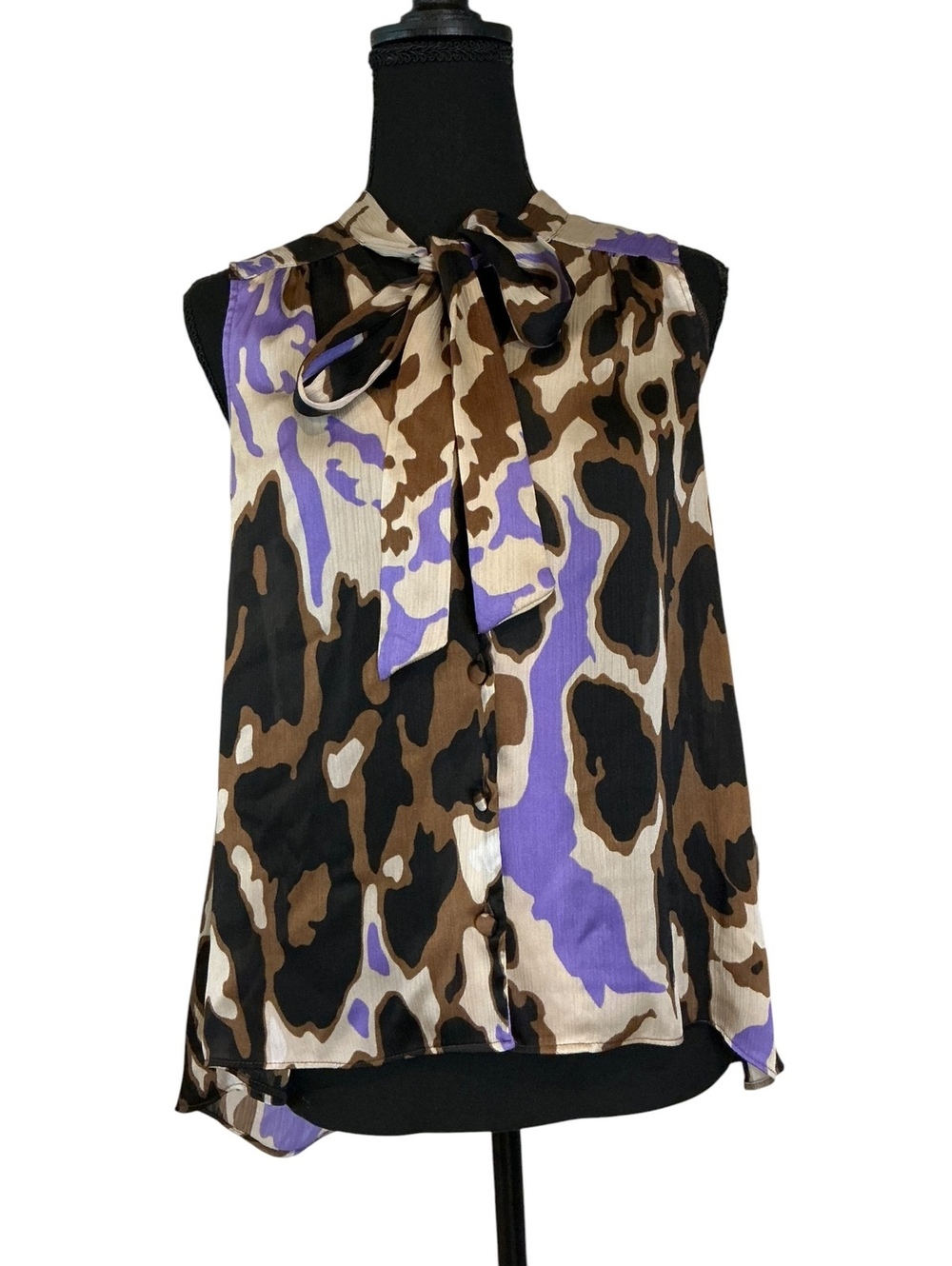 Sleeveless Polyester Blouse with Tie Neck in Brown, Black, &